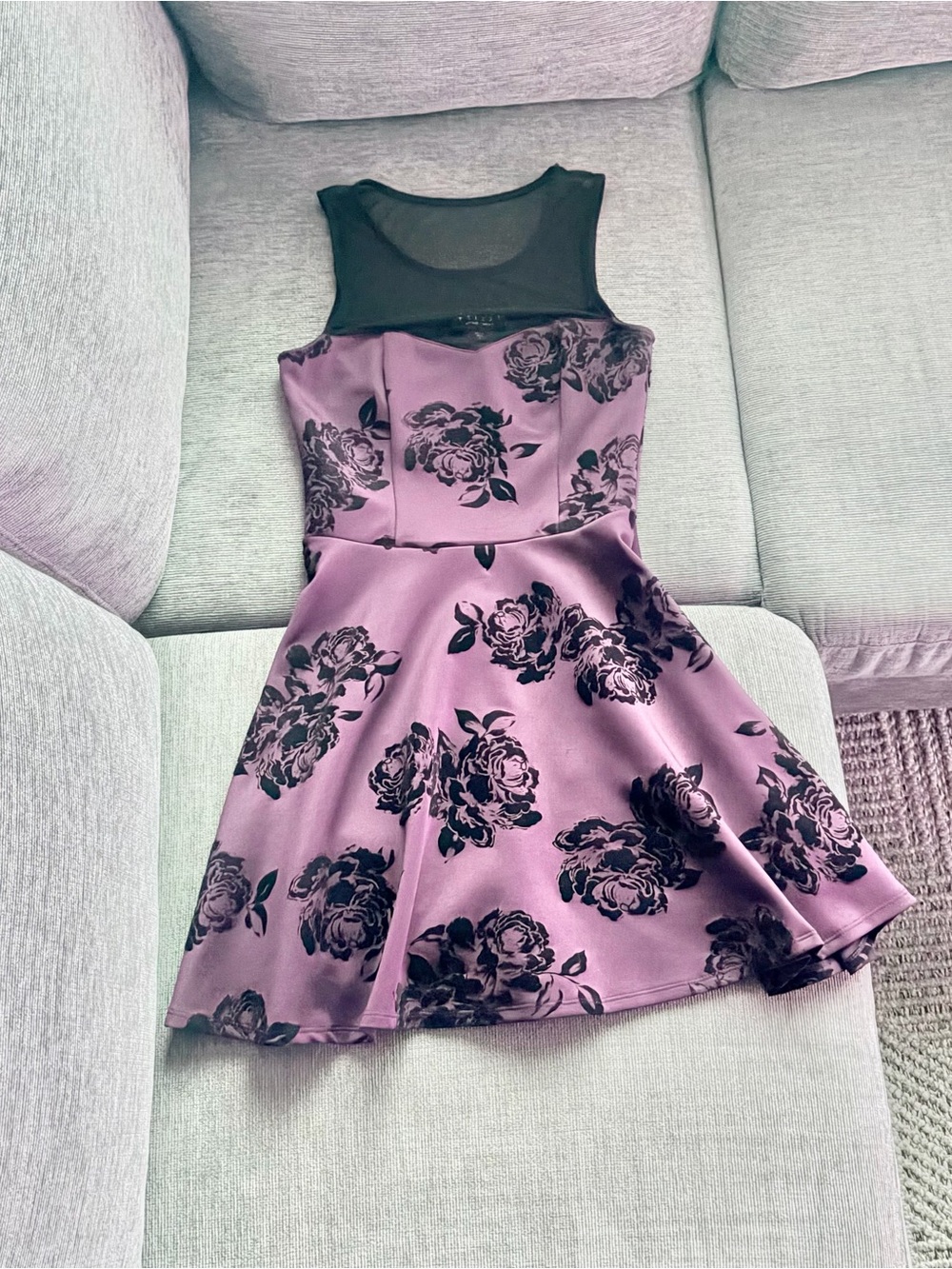 Trixxi Purple Floral Fit & Flare Dress Small Mesh Neckline